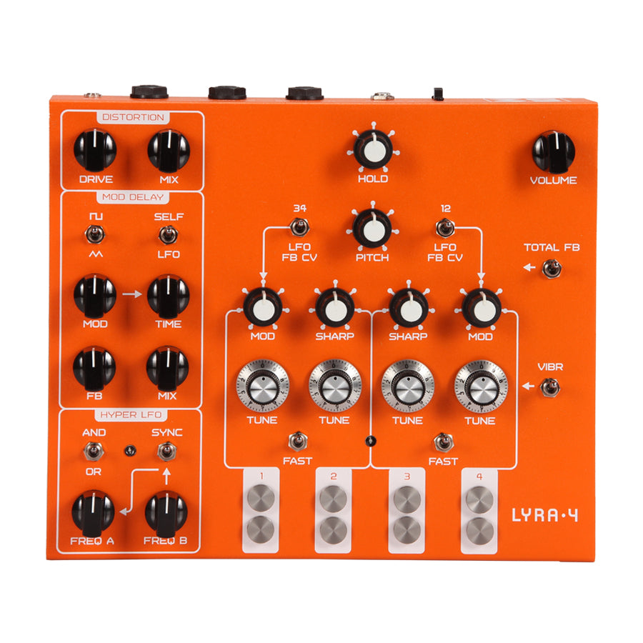 Orange electronic device with knobs, toggles, and buttons labeled Lyra-4 and modulation controls.