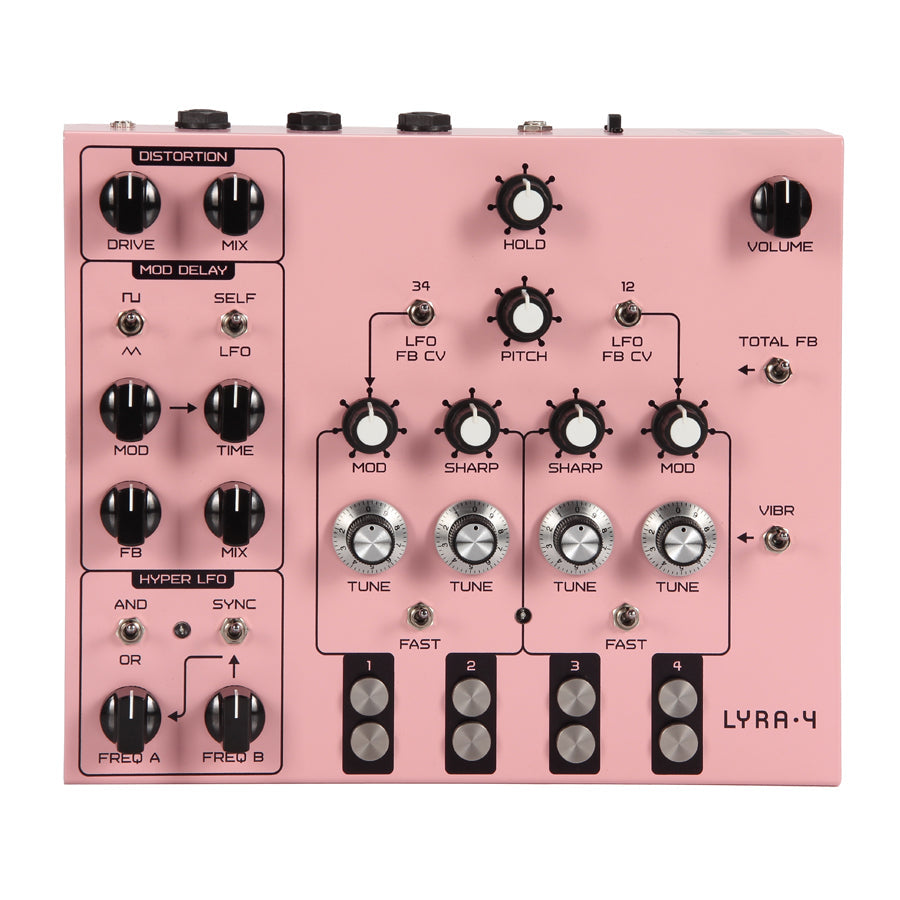 Pink synthesizer panel with multiple knobs, switches, and buttons labeled for modulation and tuning controls
