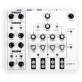 White audio synthesizer with knobs, toggle switches, and labeled controls including distortion, mod delay, and hyper LFO.