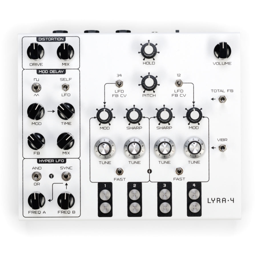 White audio synthesizer with knobs, toggle switches, and labeled controls including distortion, mod delay, and hyper LFO.