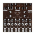 Top view of a brown synthesizer panel with multiple knobs, buttons, and labels including 'LYRA-8 ORGANIC SYNTHESIZER'.