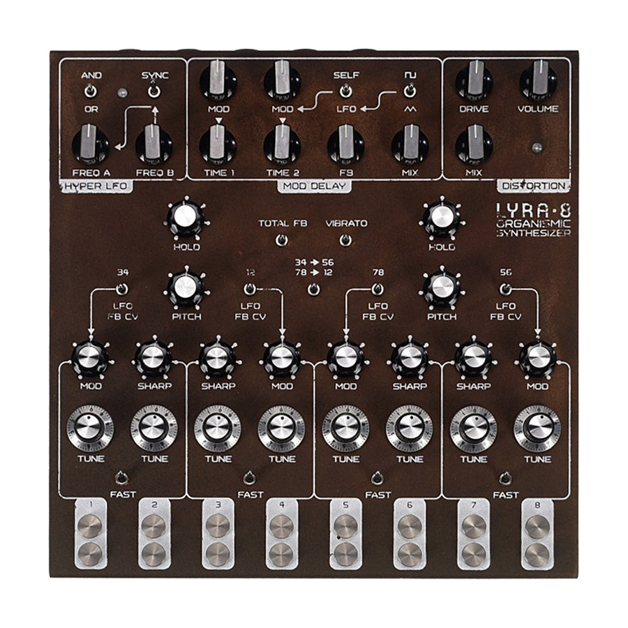 Top view of a brown synthesizer panel with multiple knobs, buttons, and labels including 'LYRA-8 ORGANIC SYNTHESIZER'.