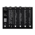 Black audio effects device with multiple knobs, buttons, and labeled 1/4 inch input and output jacks.