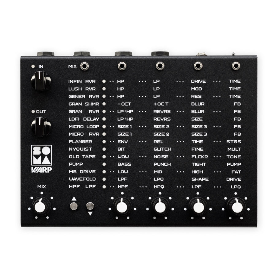 Black audio effects device with multiple knobs, buttons, and labeled 1/4 inch input and output jacks.