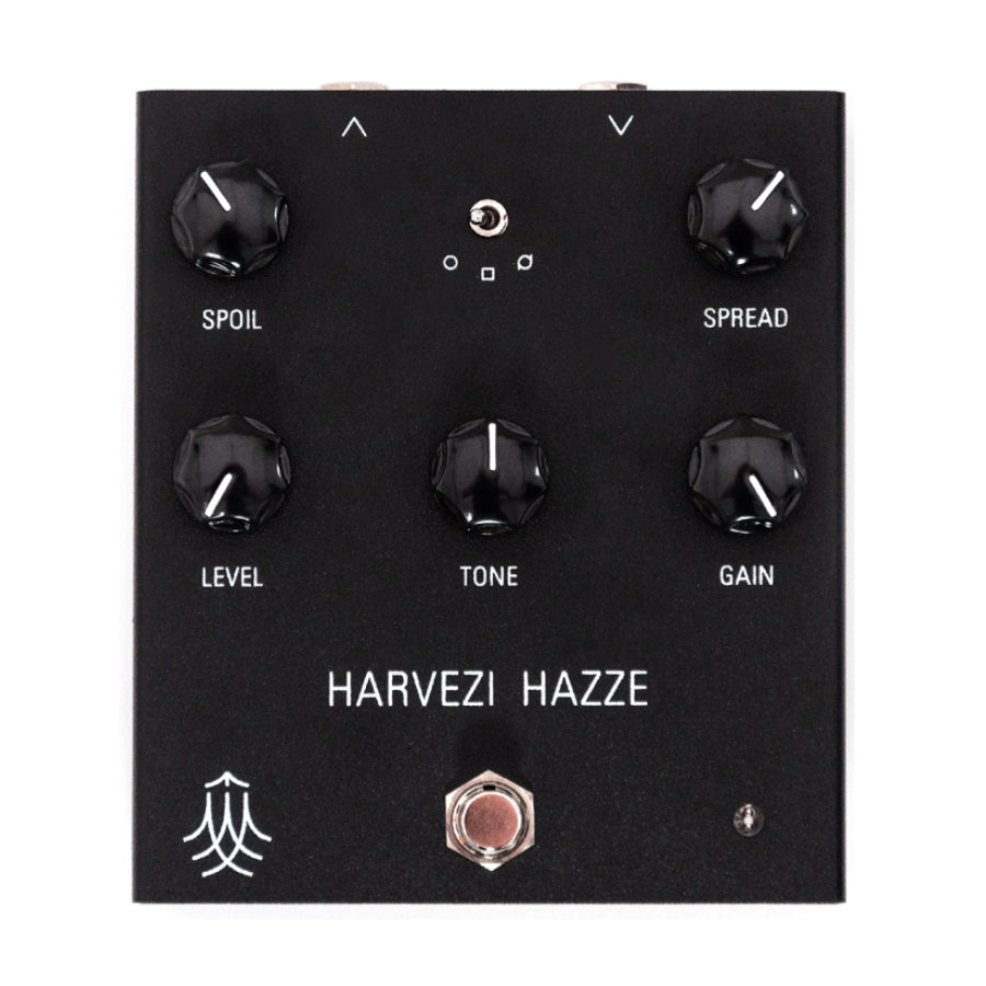 Black HARVEZI HAZZE pedal with five knobs, a toggle switch, a footswitch, and three 1/4 inch jacks