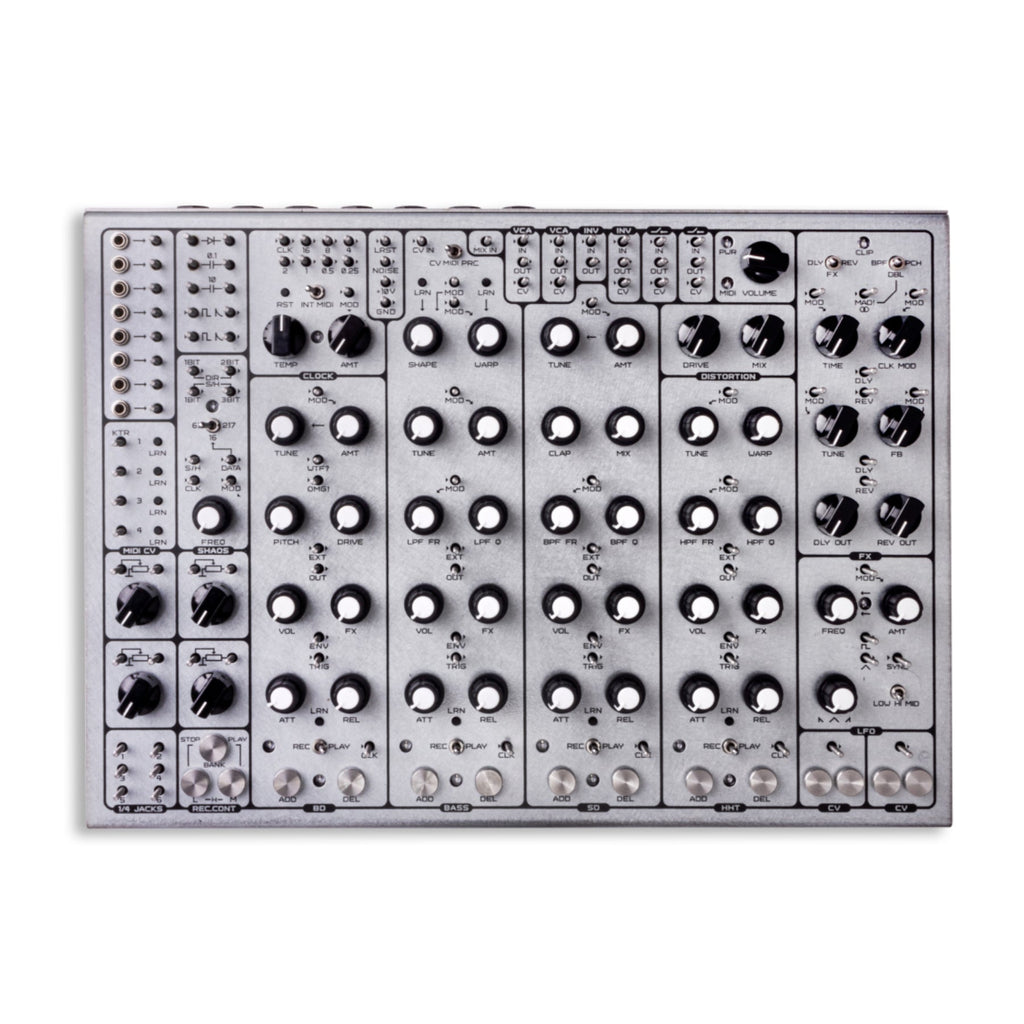 Top view of a modular drum machine with multiple knobs, switches, and 1/4 inch jacks on a silver metal panel.