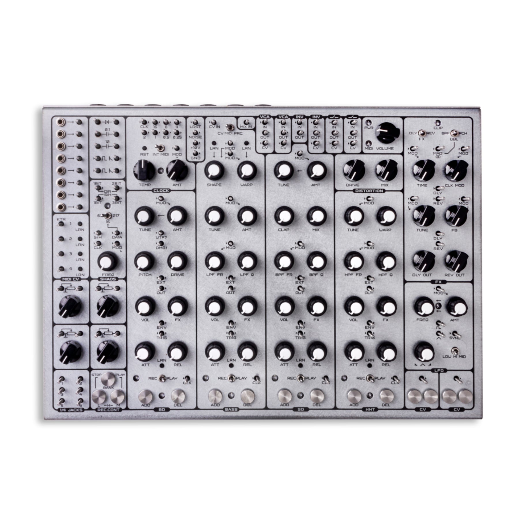 Top view of a modular drum machine with multiple knobs, switches, and 1/4 inch jacks on a silver metal panel.