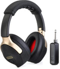 Black and gold over-ear headphones with a wireless transmitter featuring a 1/4 inch plug.