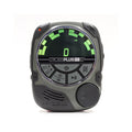 Front view of a compact Peterson Strobe tuner with an LCD screen and multiple buttons including a power button and rotary knob.