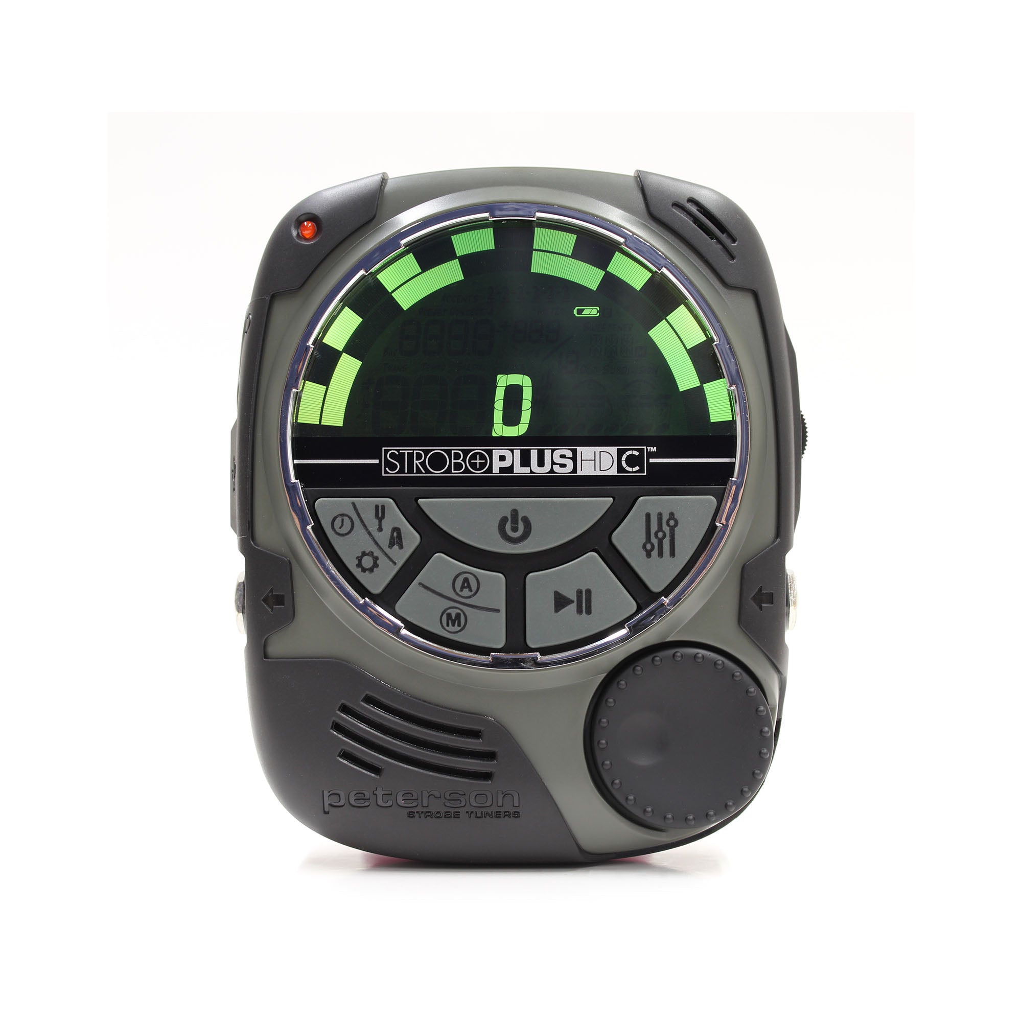Front view of a compact Peterson Strobe tuner with an LCD screen and multiple buttons including a power button and rotary knob.