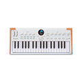 White synthesizer keyboard with wooden side panels, knobs, buttons, and a small round color screen