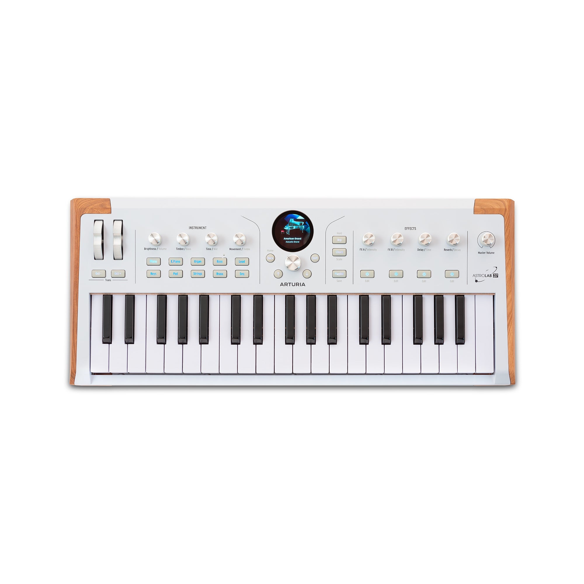 White synthesizer keyboard with wooden side panels, knobs, buttons, and a small round color screen