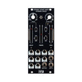 Black eurorack module with knobs, sliders, switches, and multiple 1/8 inch input/output jacks labeled for sound control parameters.