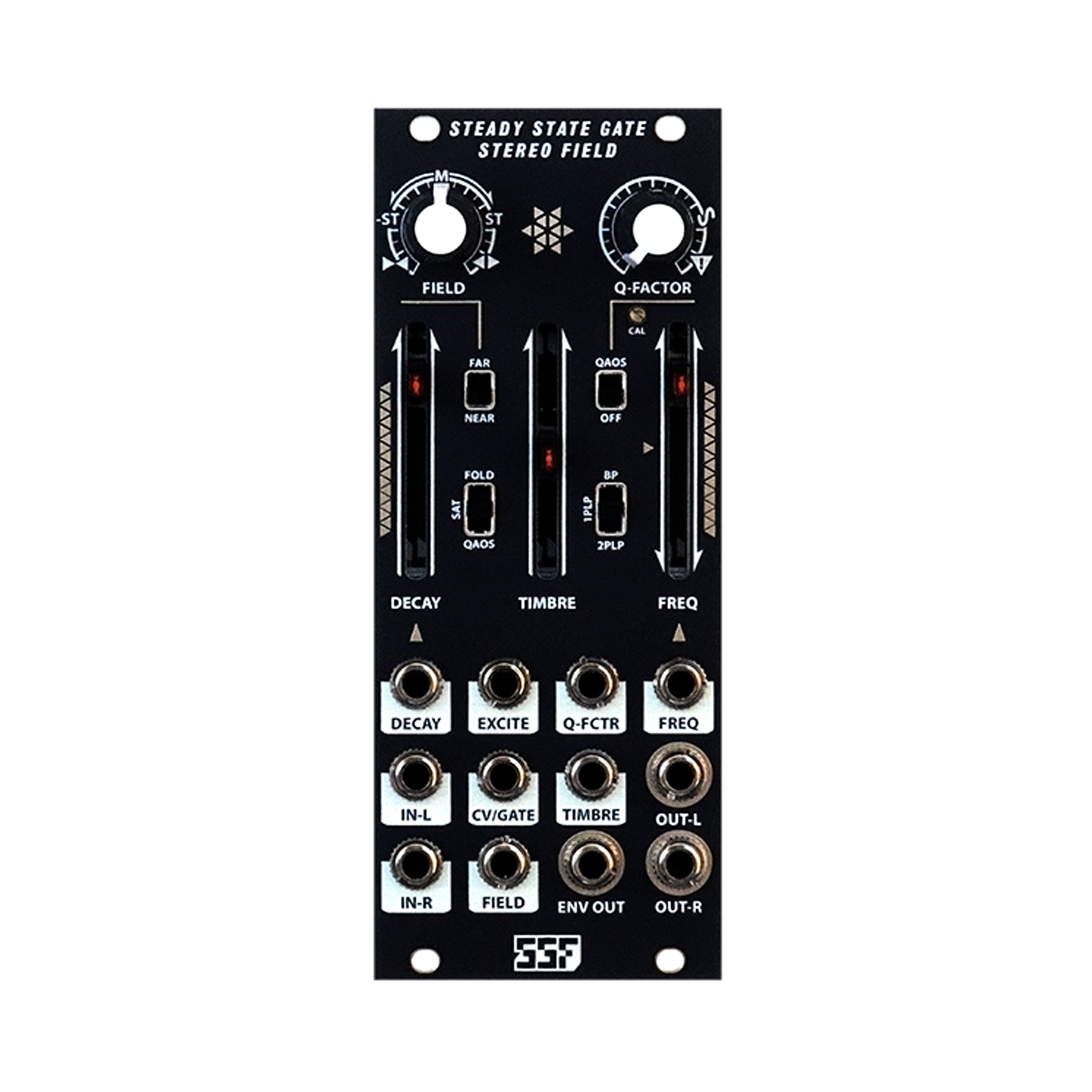 Black eurorack module with knobs, sliders, switches, and multiple 1/8 inch input/output jacks labeled for sound control parameters.