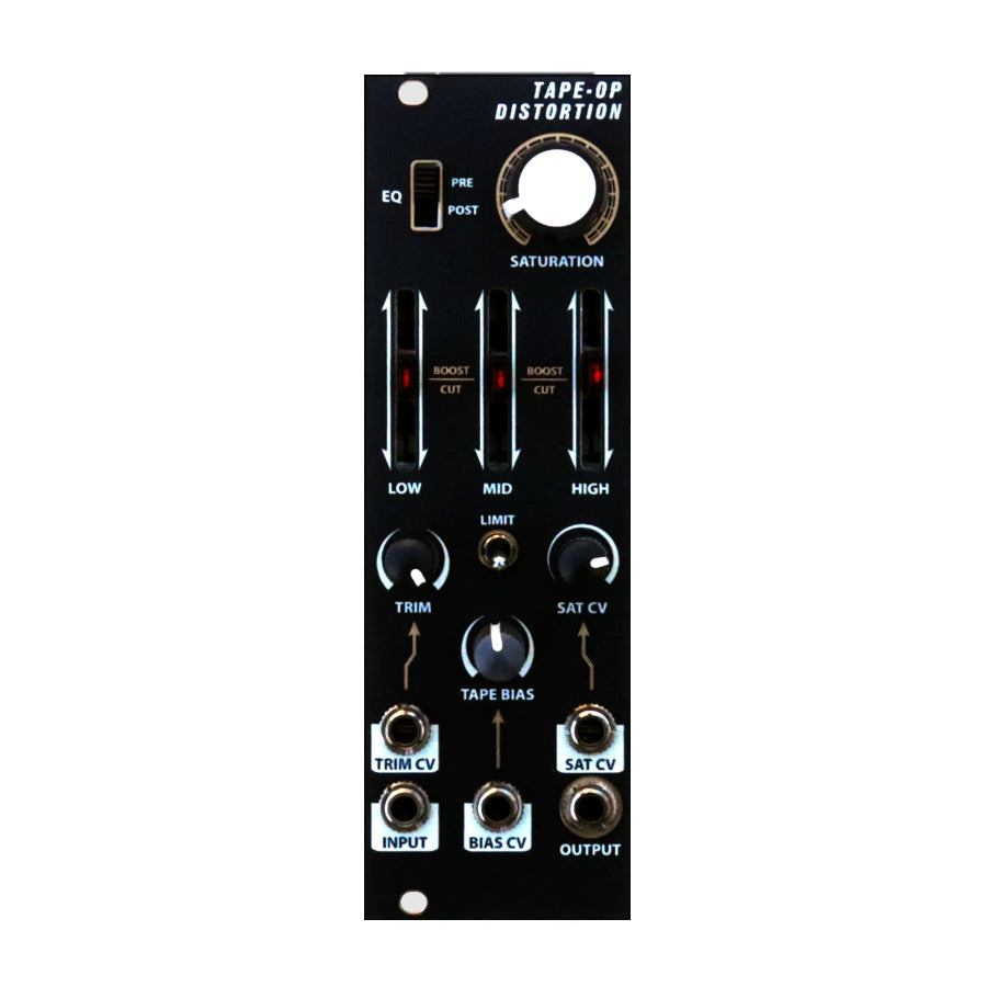 Black distortion module with multiple knobs, sliders, switches, and 3.5mm audio CV jacks.