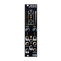 Black eurorack module with sliders, knobs, toggle switches, and multiple 3.5mm input/output jacks labeled with dynamic controls.