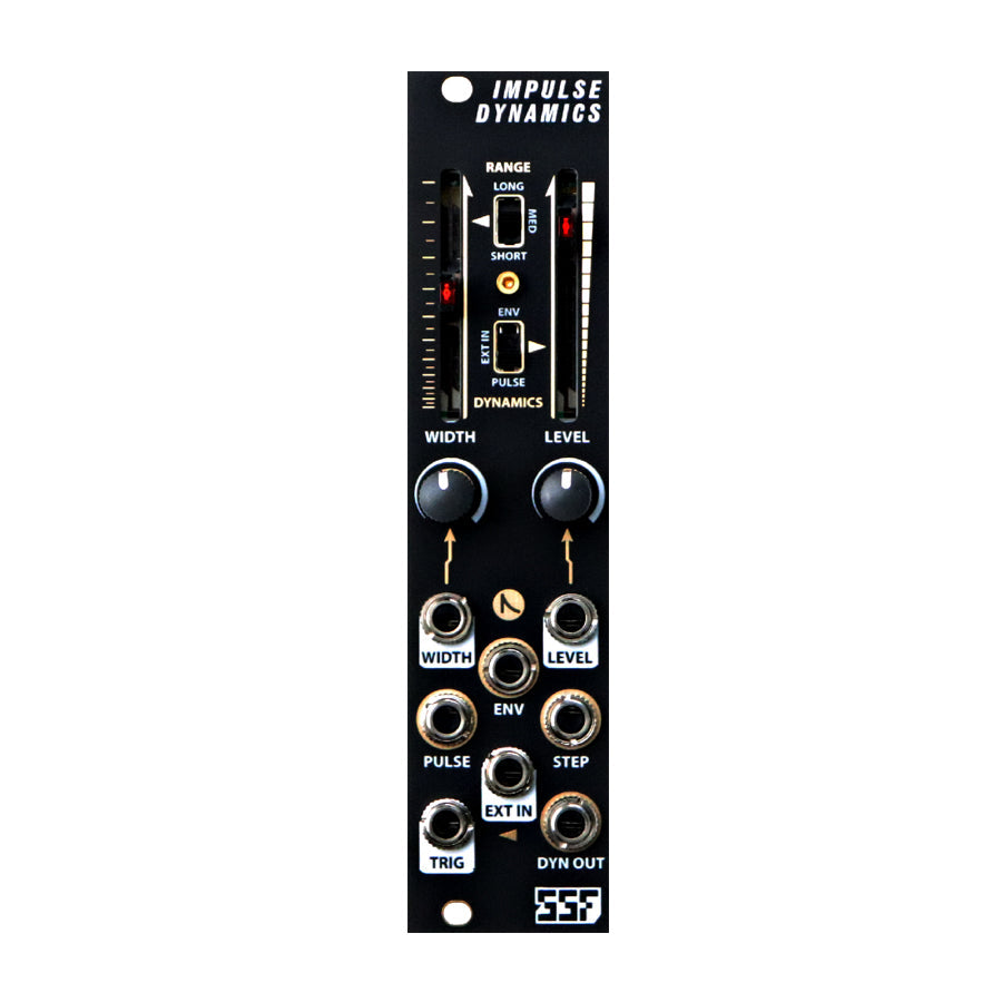 Black eurorack module with sliders, knobs, toggle switches, and multiple 3.5mm input/output jacks labeled with dynamic controls.