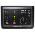 Top view of a Solid State Logic SSL 1 USB audio interface with controls, meters, and labels for two channels and monitoring.