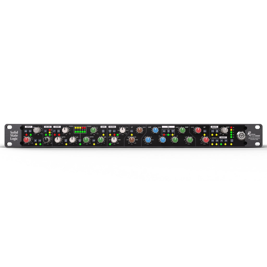 Front panel of a black Solid State Logic Revival 4000 analog channel strip with various knobs, buttons, and LED indicators.