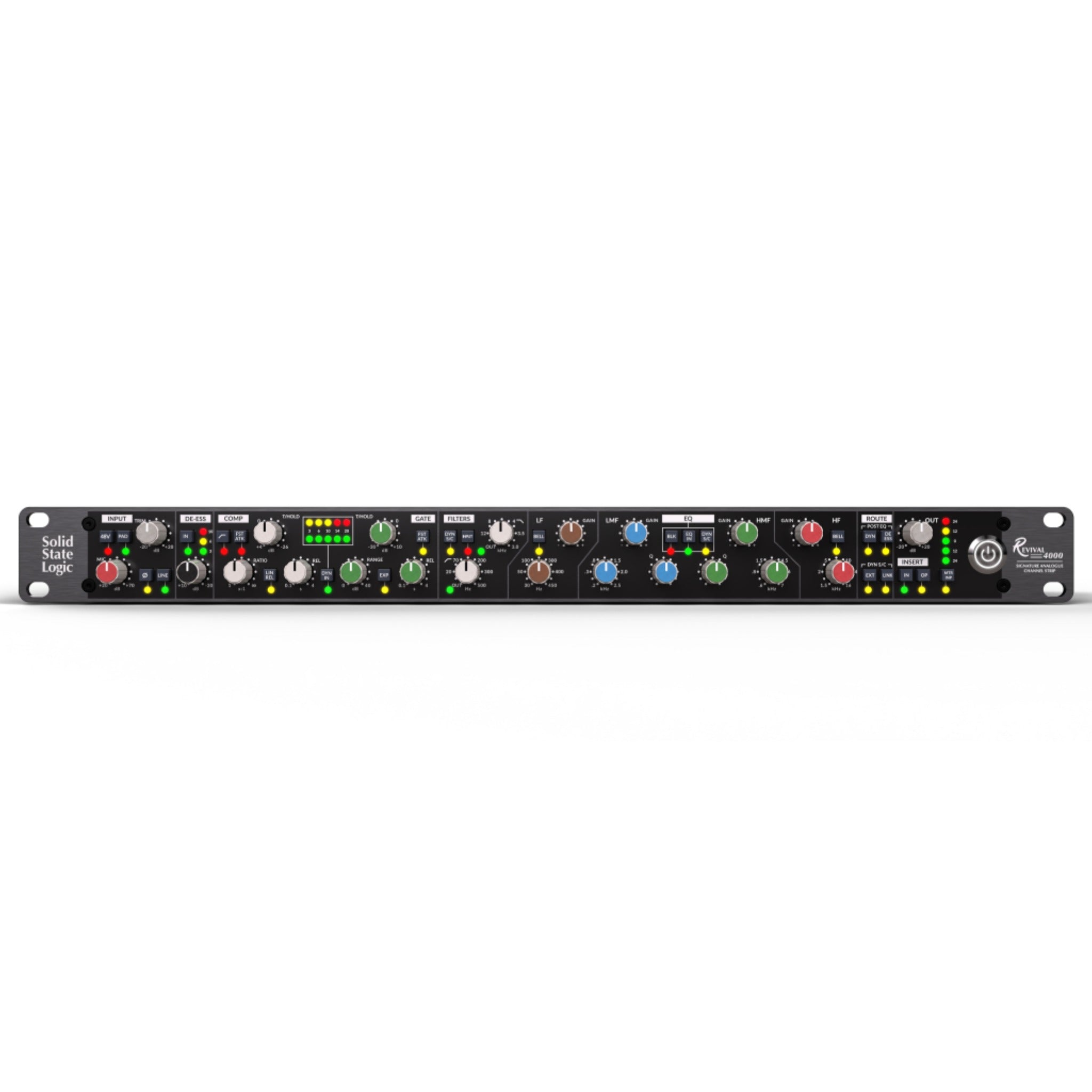 Front panel of a black Solid State Logic Revival 4000 analog channel strip with various knobs, buttons, and LED indicators.