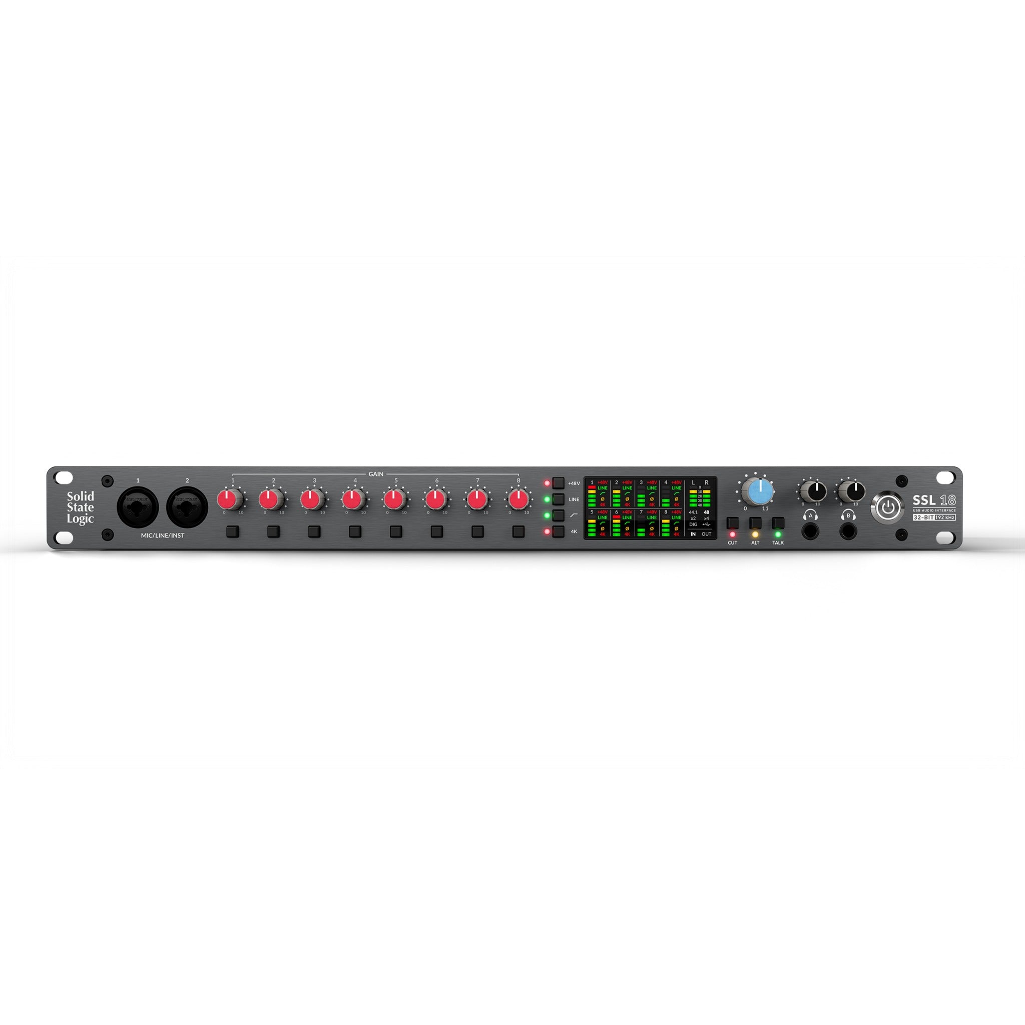 Front view of a Solid State Logic SSL 18 audio interface with knobs, buttons, headphone jacks, and LED indicators.