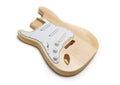 Natural wood electric guitar body with white pickguard, three pickups, three control knobs, and a toggle switch.