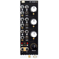 Black stereo mixer module with knobs, toggle switches, multiple audio jacks, and status LEDs.