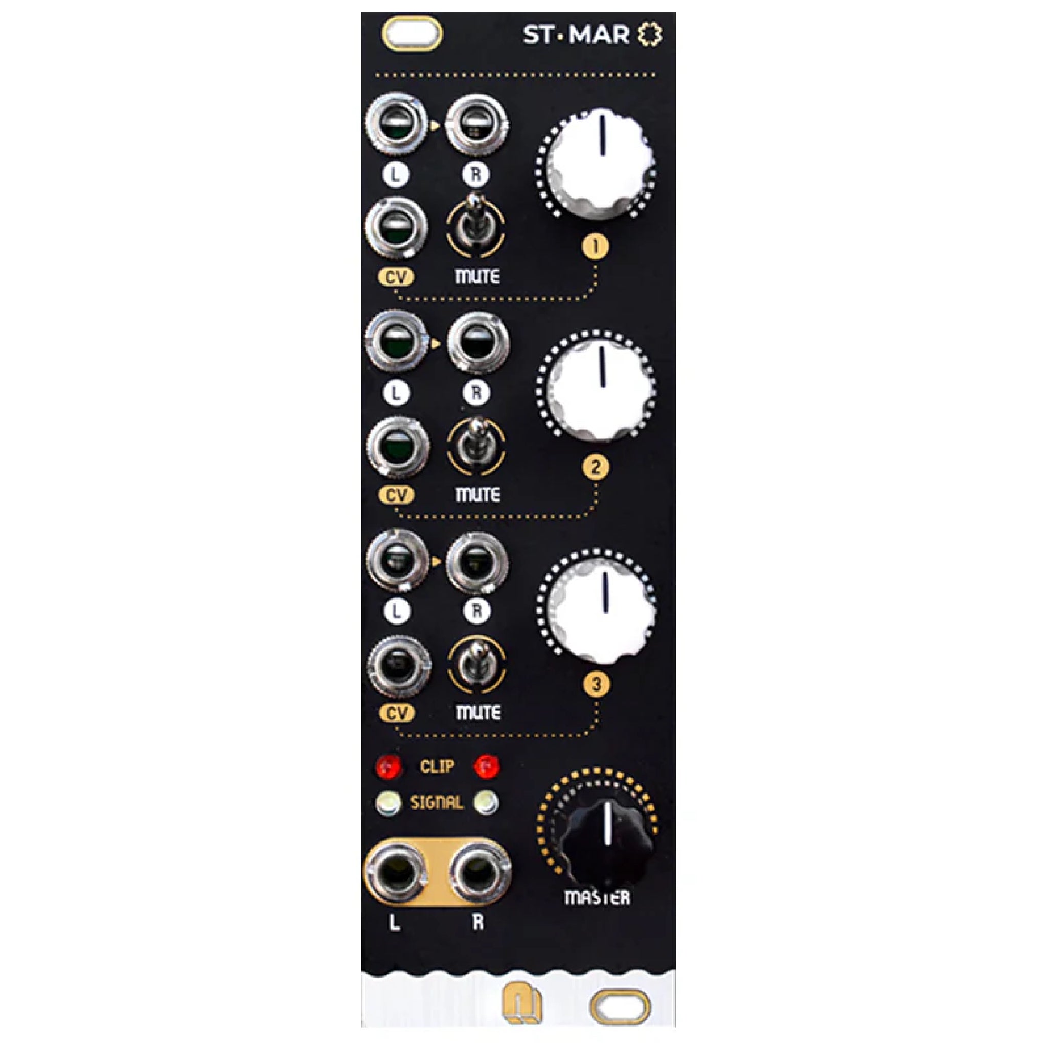 Black stereo mixer module with knobs, toggle switches, multiple audio jacks, and status LEDs.