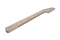 Unfinished light-colored wooden guitar neck with fretboard and black fret markers lying on white background.