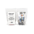 Two clear resealable bags containing electronics components and a label for a single transistor overdrive DIY kit.