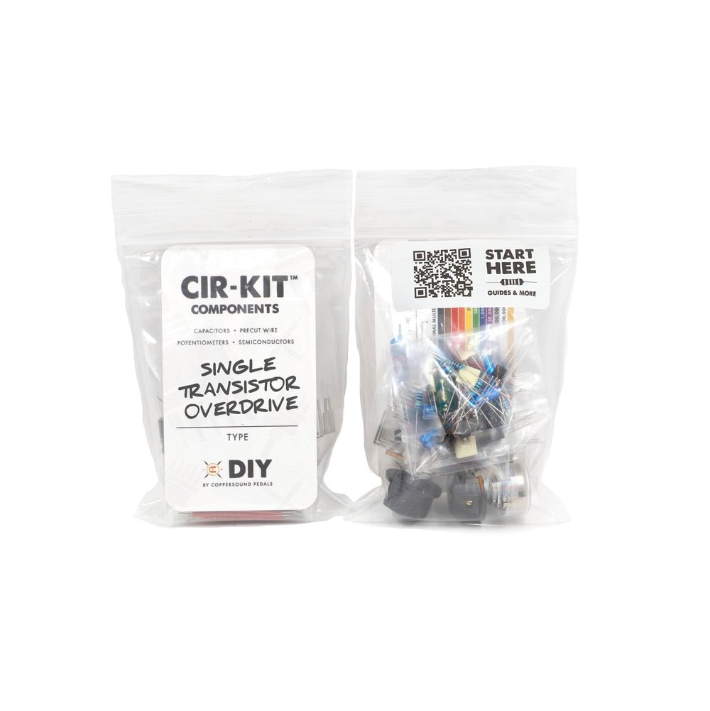 Two clear resealable bags containing electronics components and a label for a single transistor overdrive DIY kit.