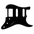 Black plastic guitar pickguard with 11 mounting holes and cutouts for three pickups and controls.