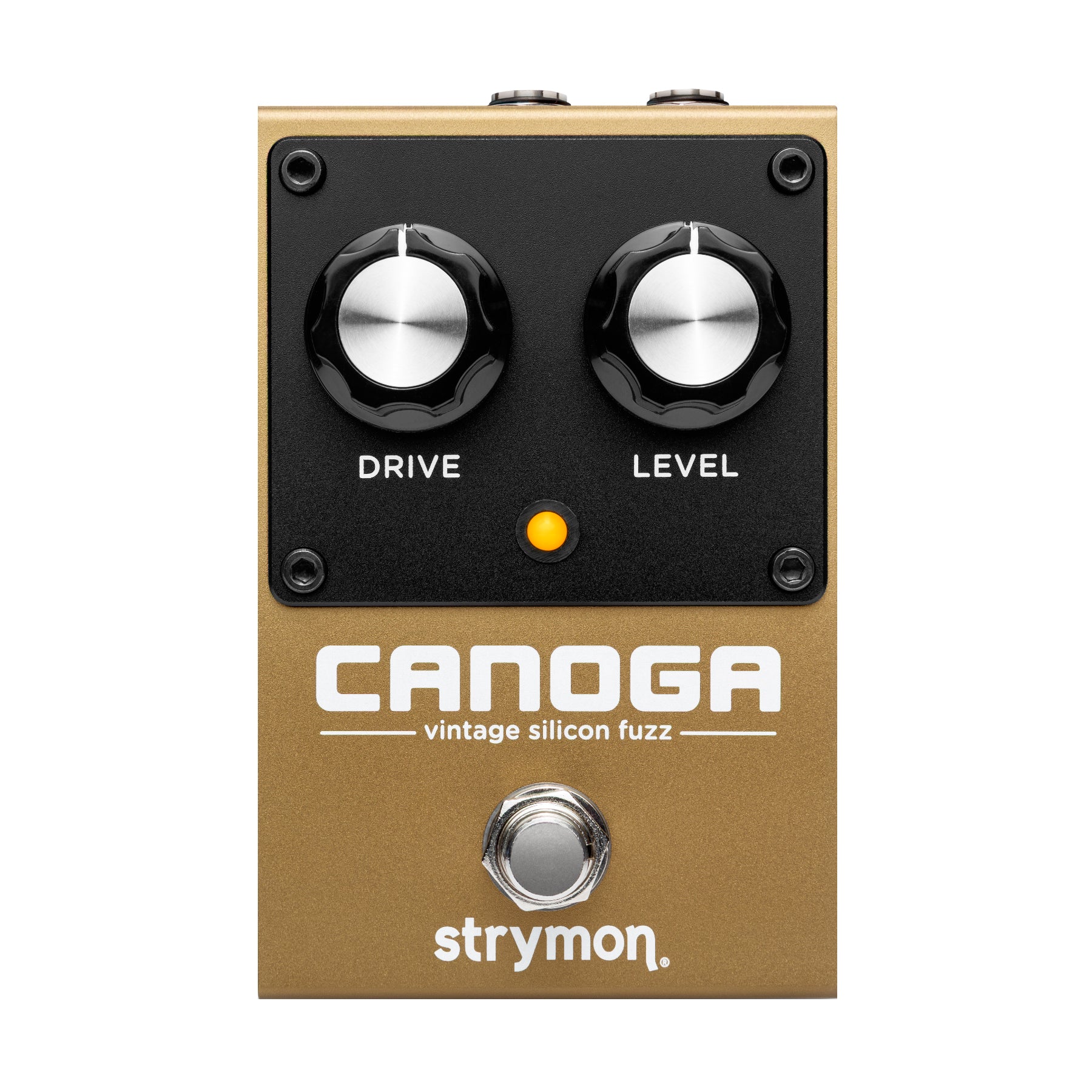 Gold-colored guitar effects pedal with two knobs labeled Drive and Level and a footswitch.