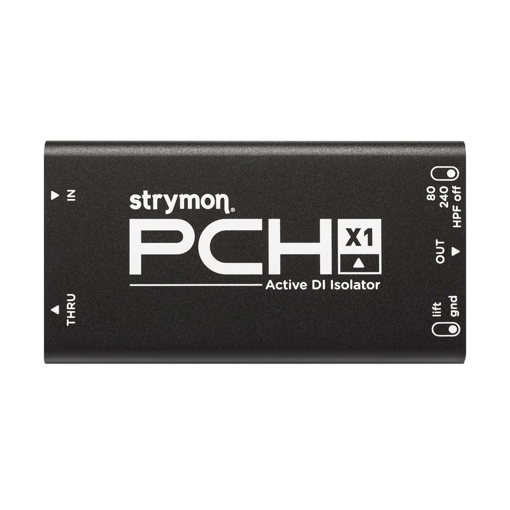 Black metal audio device with input, thru, and output jacks plus toggle switches and white printed text.