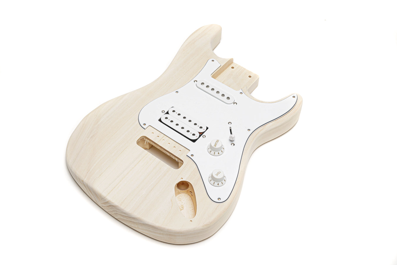 Natural wood electric guitar body with white loaded pickguard including pickups, two knobs, and a switch.