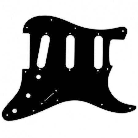 Black plastic guitar pickguard with multiple holes, shaped for a Stratocaster-style guitar.