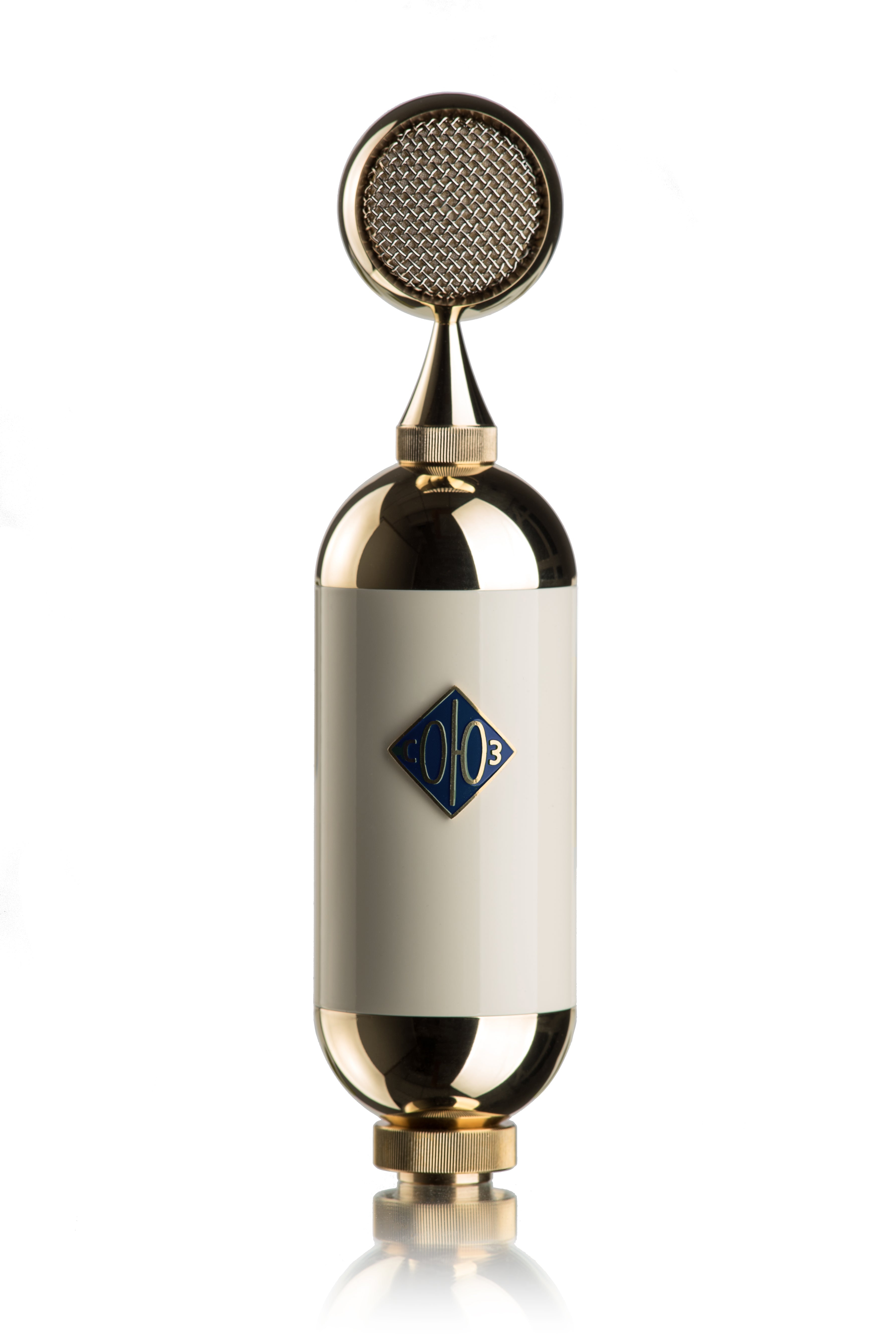 A vertical gold and white vintage-style microphone with a round mesh grille and a blue diamond emblem on the body.