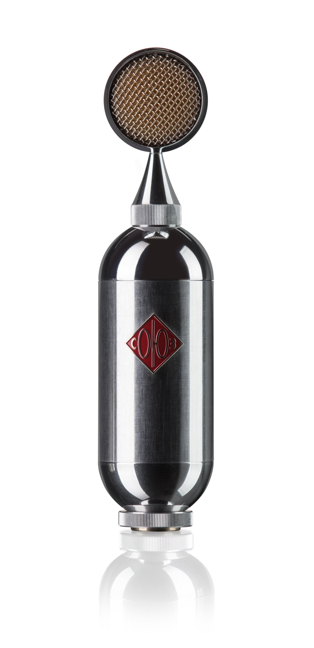 Silver and black microphone with a round mesh head and red logo on the body, standing vertically on a reflective surface.
