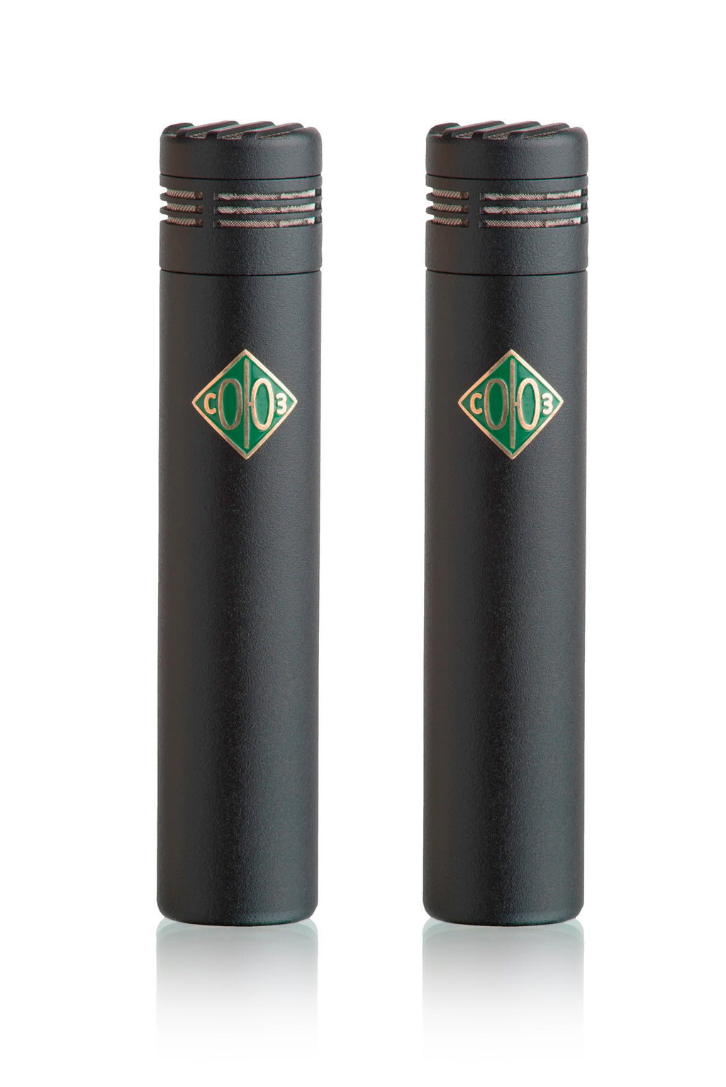 Two black cylindrical microphones with a green and gold diamond-shaped logo side by side on a white background.