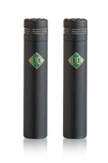 Two black cylindrical microphones with a green and gold diamond-shaped logo side by side on a white background.