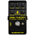 Black guitar effects pedal with five knobs, one footswitch, and yellow text labeled Gain Theory Modern Overdrive by Sub Decay.