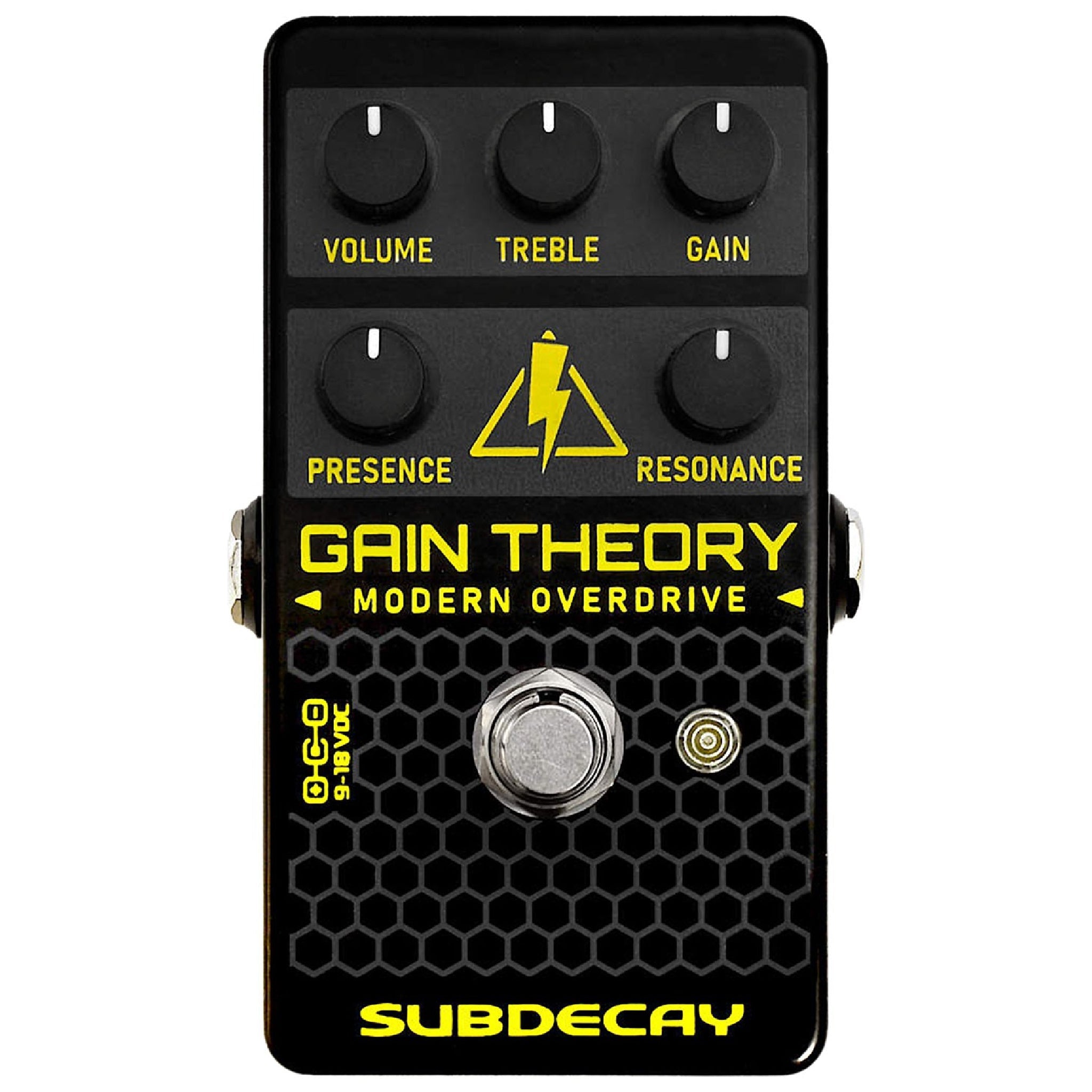 Black guitar effects pedal with five knobs, one footswitch, and yellow text labeled Gain Theory Modern Overdrive by Sub Decay.