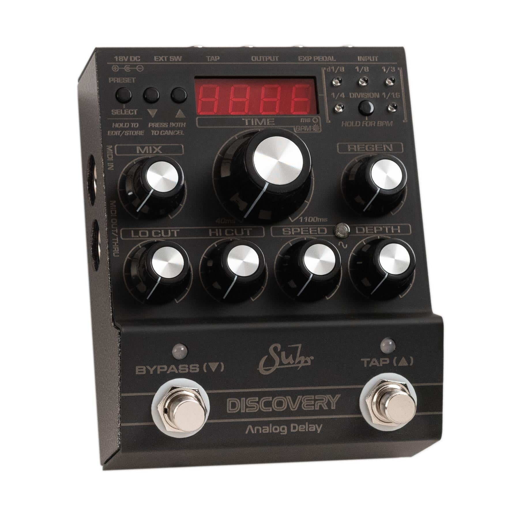 Black Suhr Discovery analog delay guitar effects pedal with knobs, footswitches, and LED display.