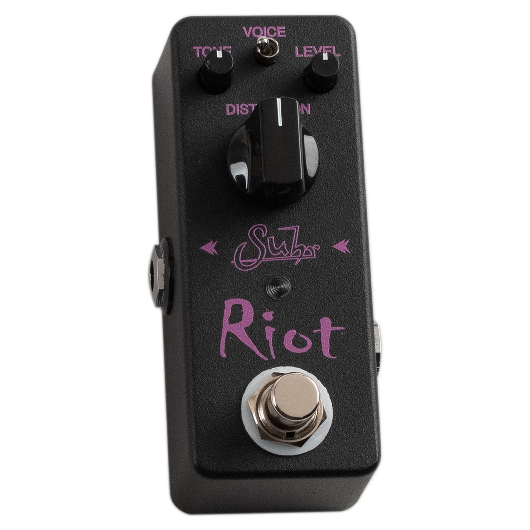 Black guitar effects pedal with pink text labeled Riot featuring knobs, toggle switch, and footswitch.