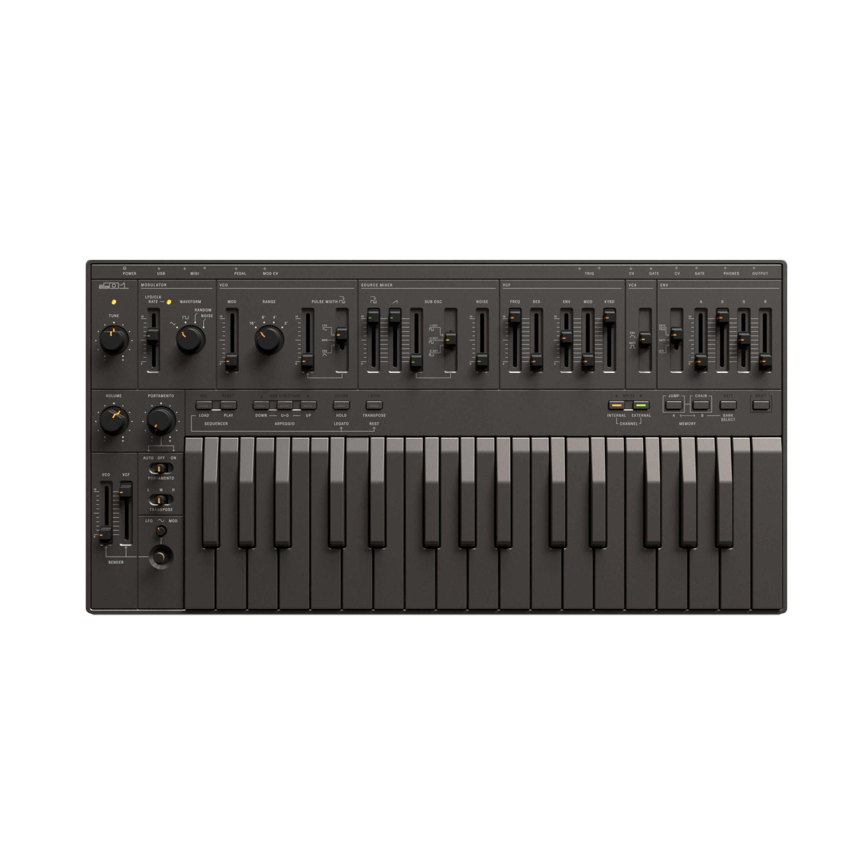 Black synthesizer with piano keys and various knobs, sliders, and buttons on top panel