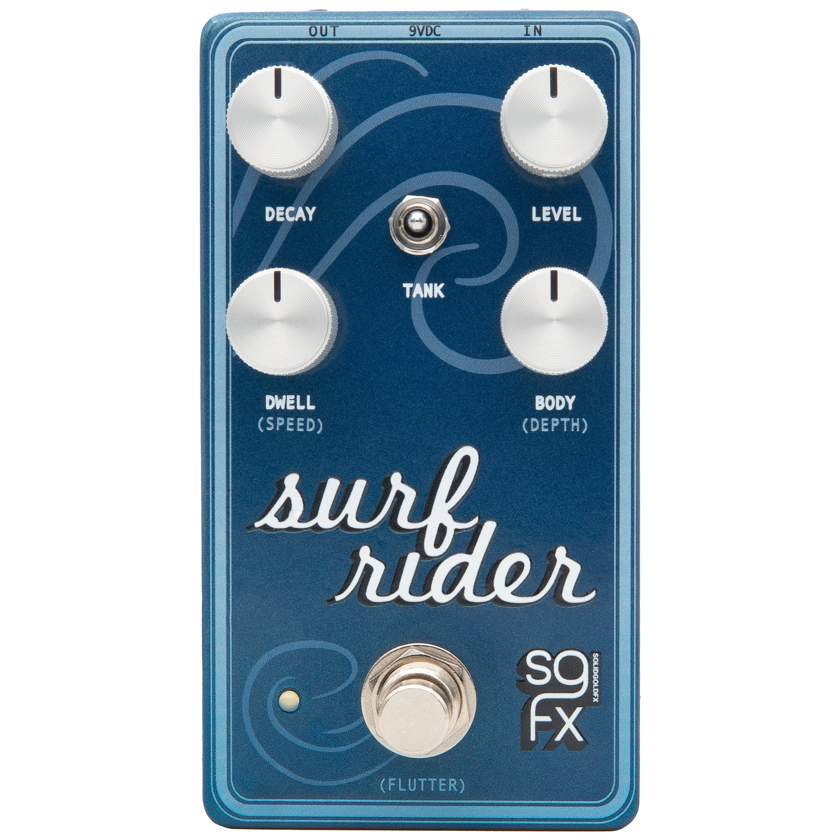 Blue guitar effects pedal labeled Surf Rider with four control knobs, a toggle switch, and a footswitch.