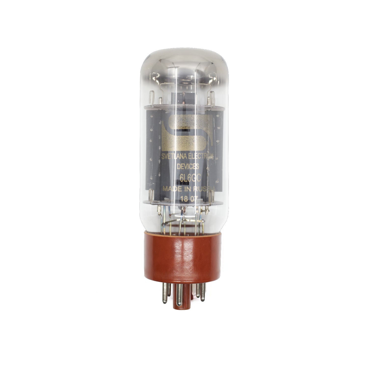 Clear glass vacuum tube with brown multi-pin base labeled Svetlana 6L6GC made in Russia.