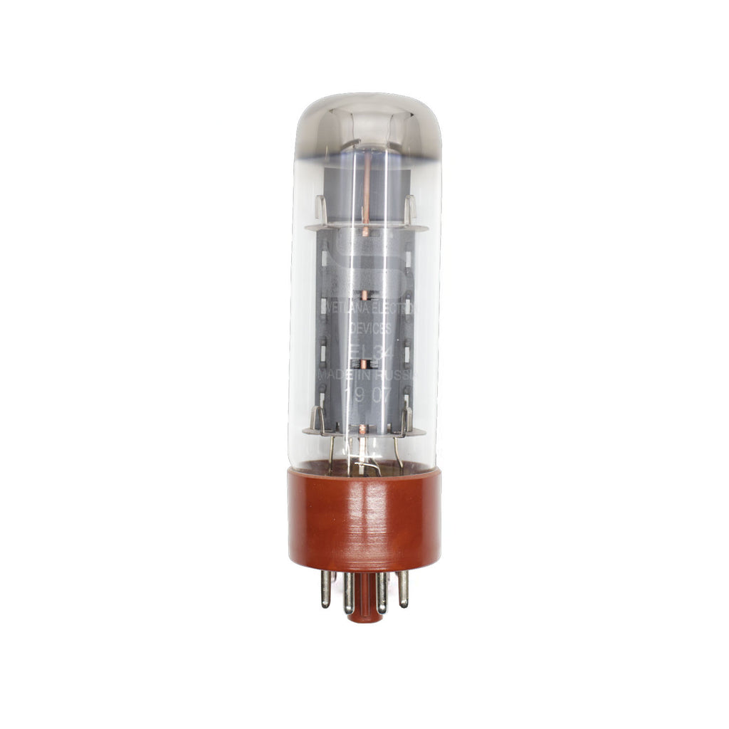 A brown-based glass vacuum tube with multiple pins and visible internal components.