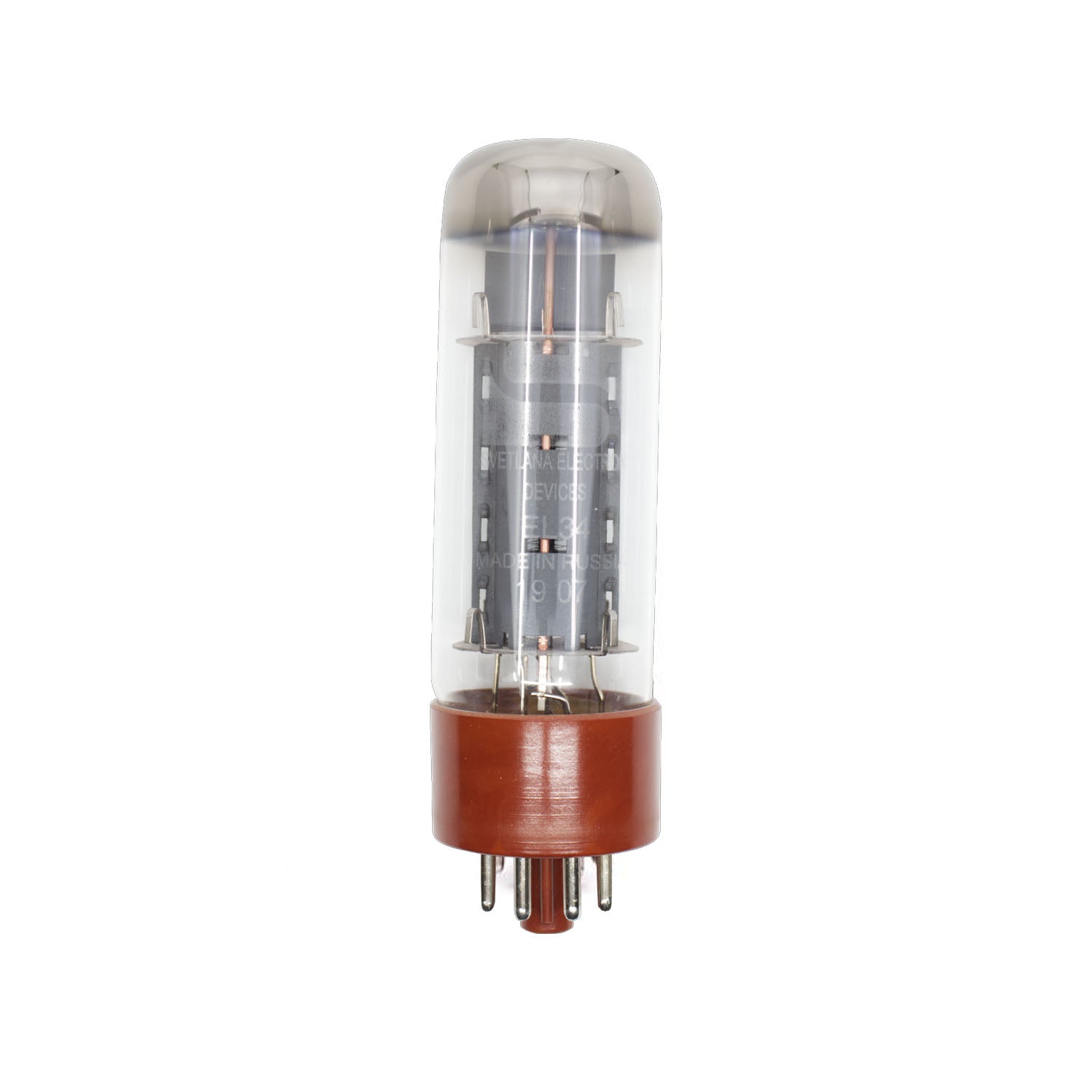 A brown-based glass vacuum tube with multiple pins and visible internal components.