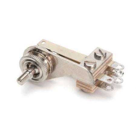 Metal right-angle rotary switch with three solder lug terminals and mounting hardware.